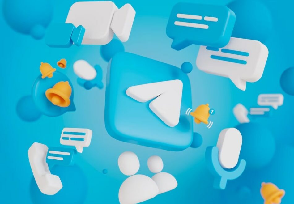 blue rounded 3D icons of social media messengers including the Telegram logo