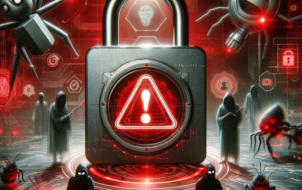 a central warning icon surrounded by various abstract and ominous figures