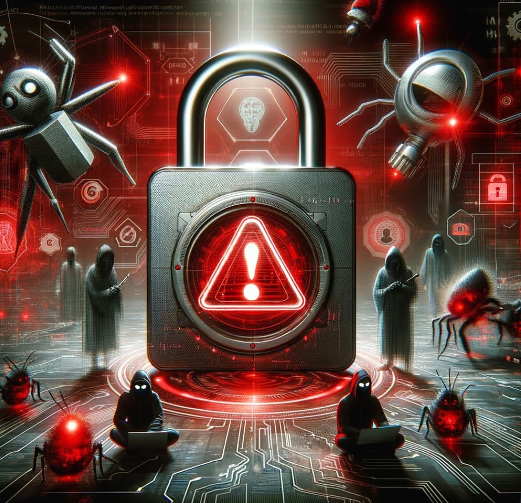 a central warning icon surrounded by various abstract and ominous figures