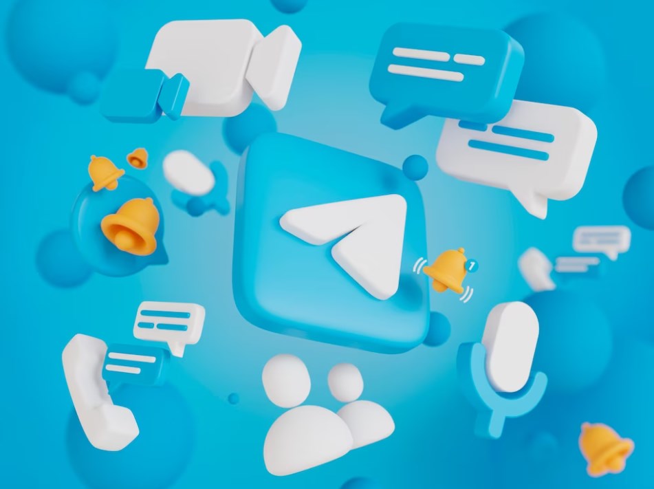 blue rounded 3D icons of social media messengers including the Telegram logo