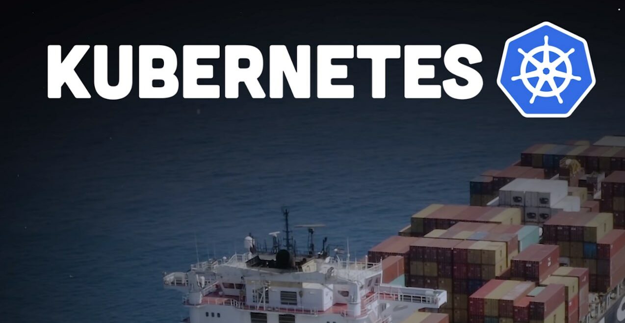 Kubernetes logo with a container ship sailing in the background