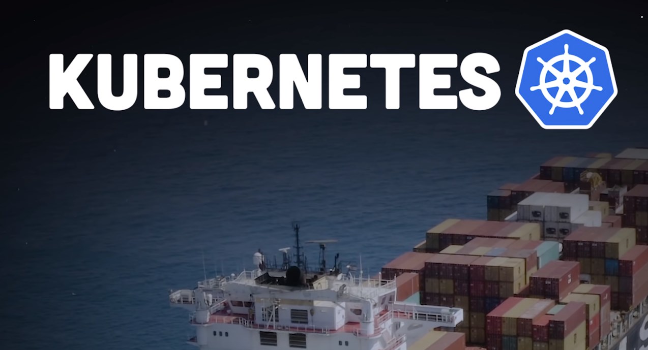 Kubernetes logo with a container ship sailing in the background