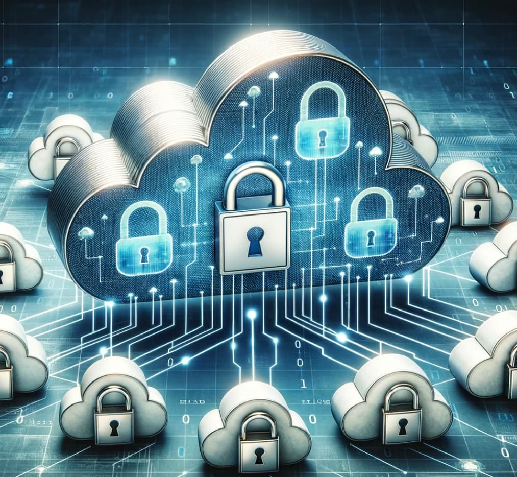 interconnected clouds with various padlocks with binary code patterns