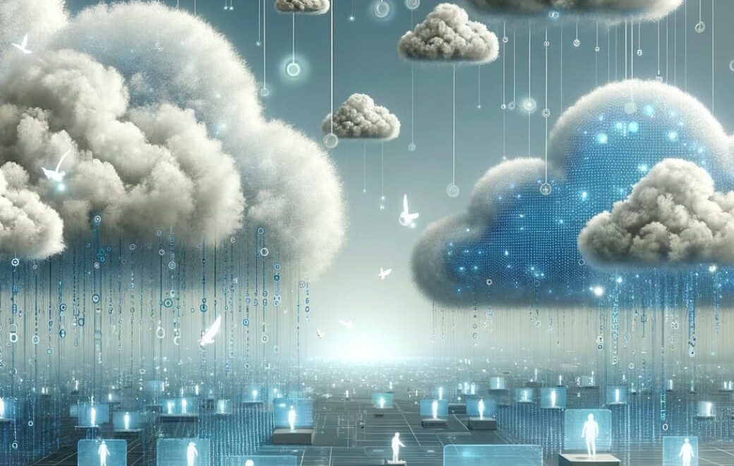 fluffy clouds merging into binary code above a network of interconnected nodes