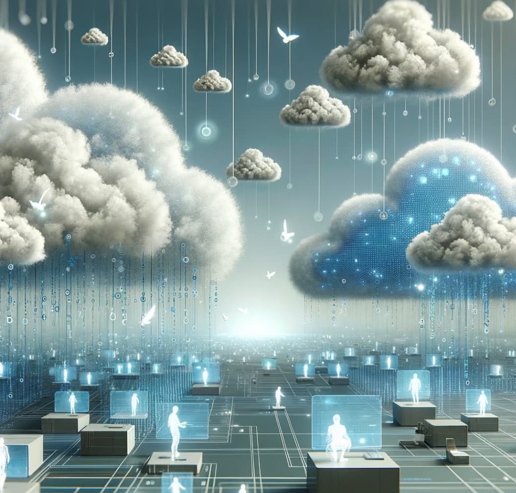 fluffy clouds merging into binary code above a network of interconnected nodes