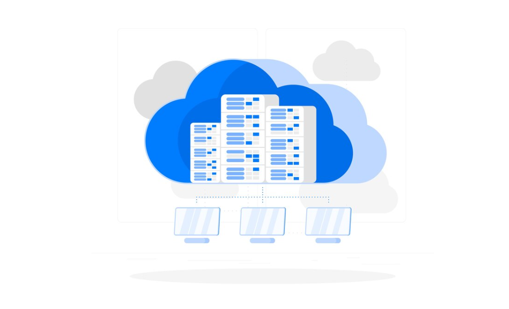 A graphic of cloud storage showing servers and devices connected to a centralized cloud