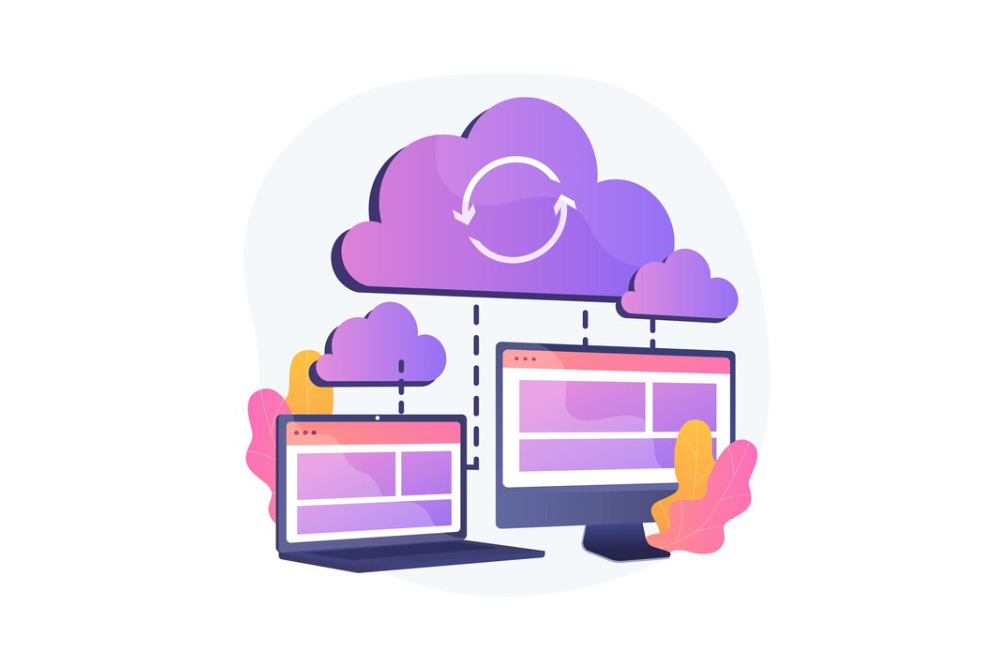 An illustration depicting data synchronization between computers and a cloud service