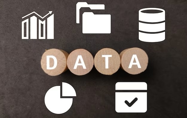 Wood block cylinder and data icon with text data on black background