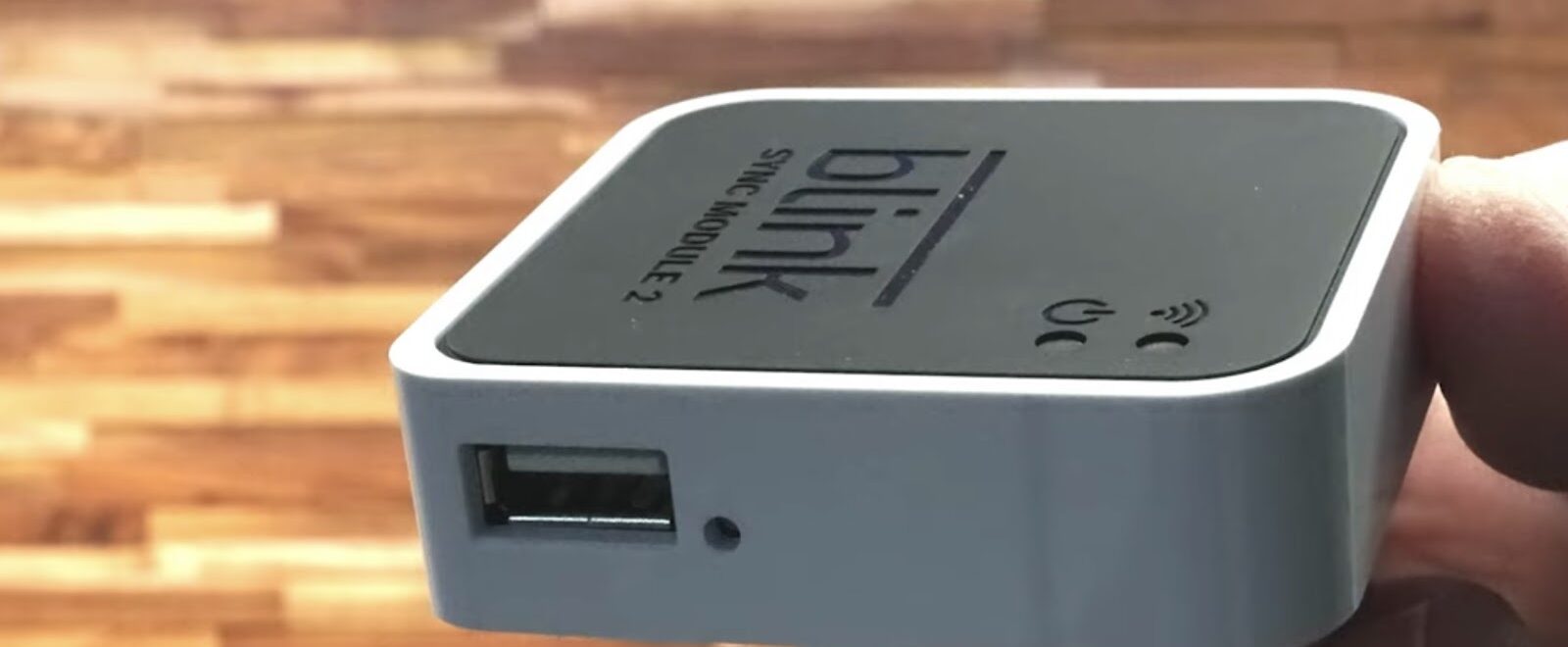 Hand holding a Blink Sync Module 2 with a USB port
