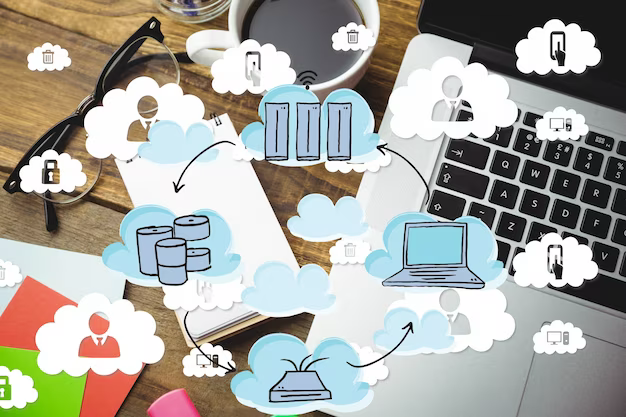 Drawings of connected devices on a laptop background